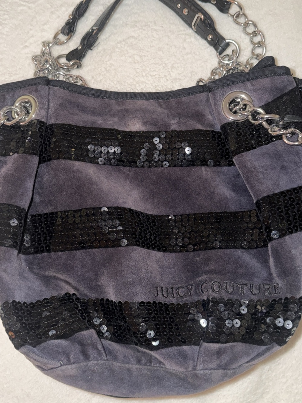 Juicy Couture Gray Suede Shoulder Bag with Black Sequin Stripes